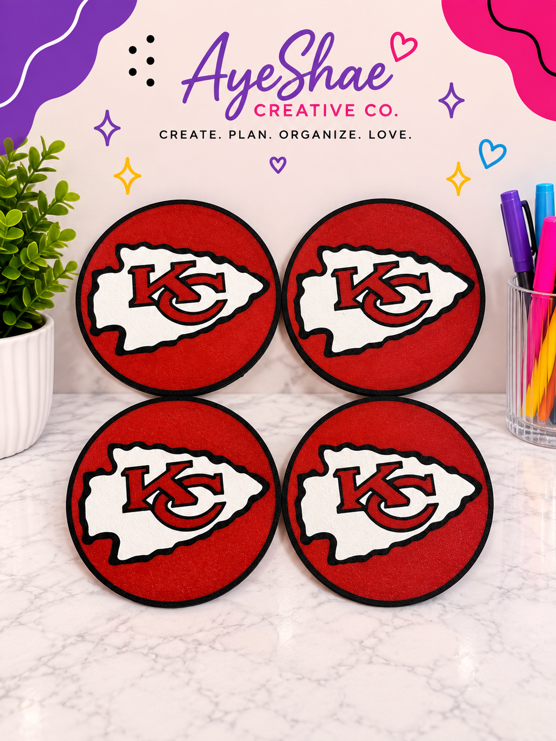Kansas City Chiefs Football Coaster Set With Holder