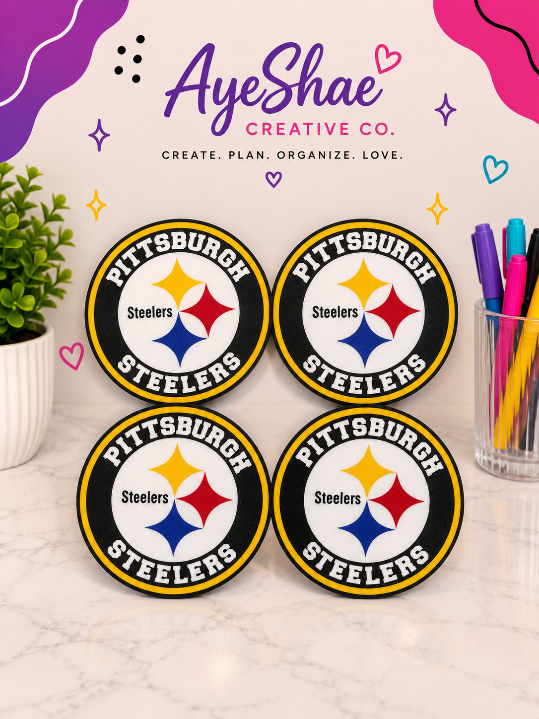 Pittsburgh Steelers Football Coaster Set With Holder