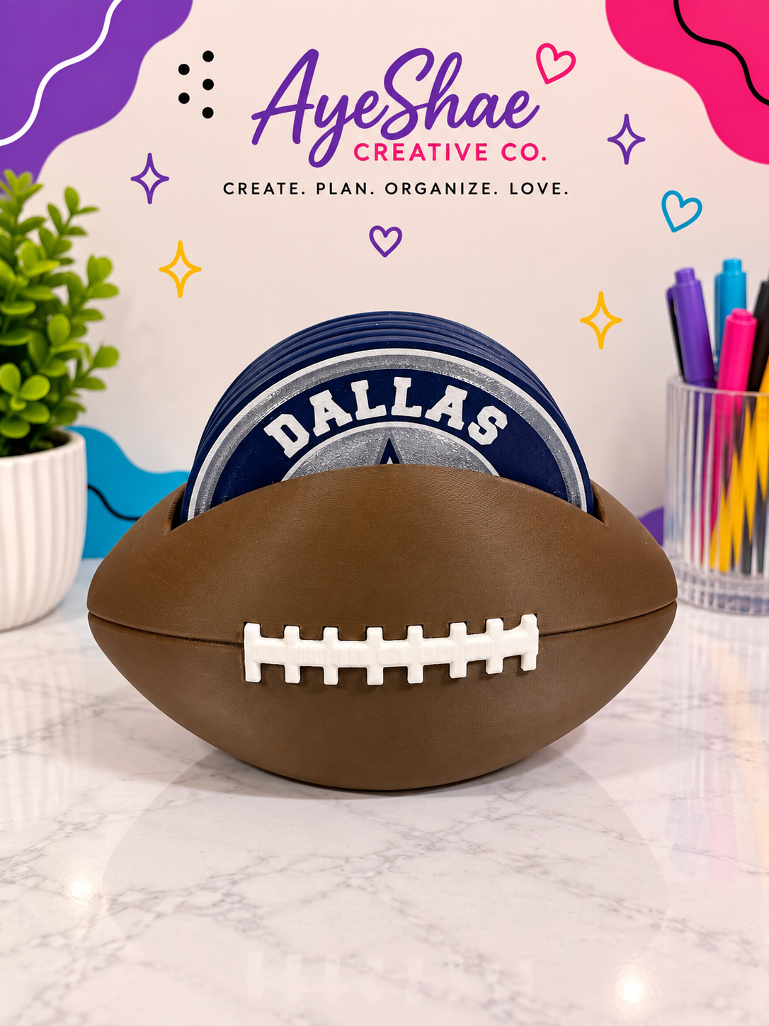 Dallas Cowboys Football Coaster Set With Holder