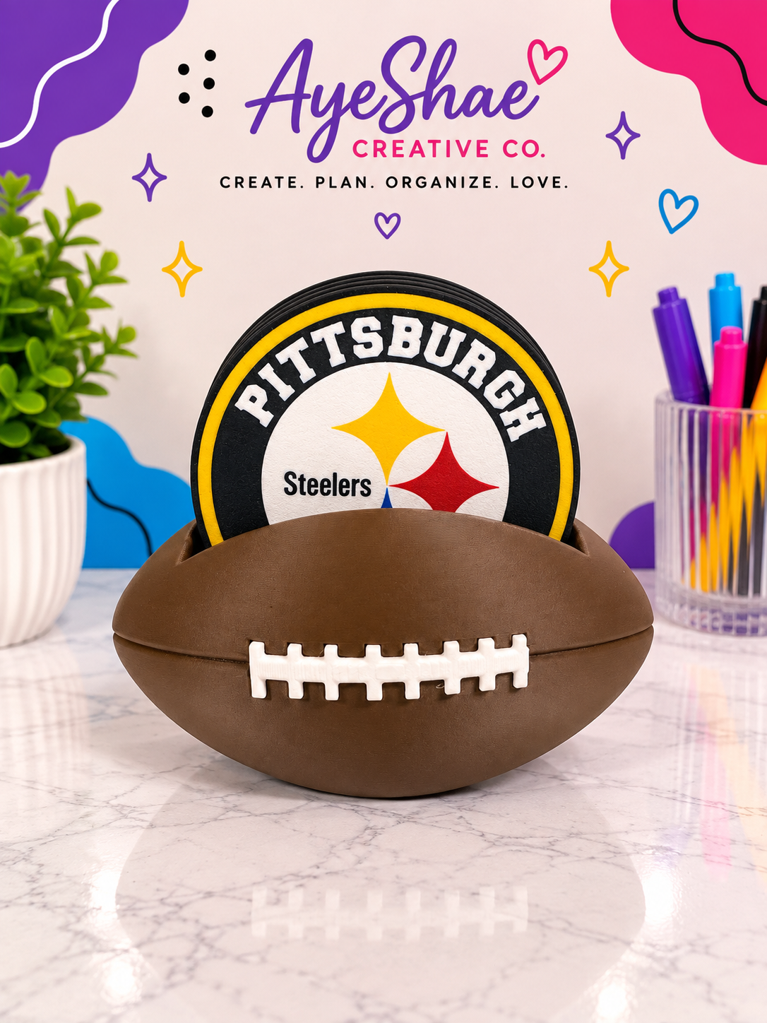 Pittsburgh Steelers Football Coaster Set With Holder